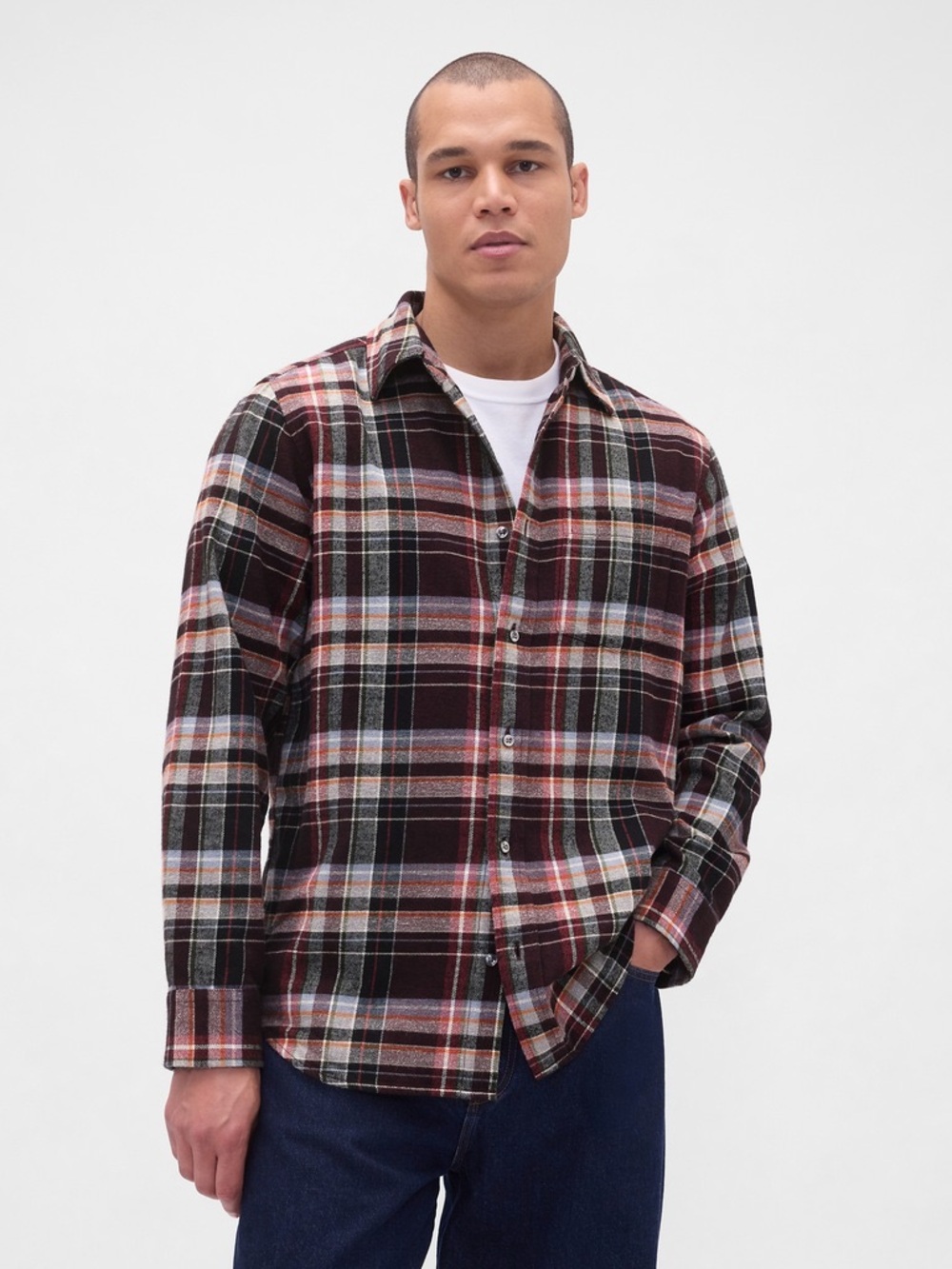 GAP Organic Cotton Relaxed Flannel Shirt Long Sleeve Button-Up Plaid Burgundy